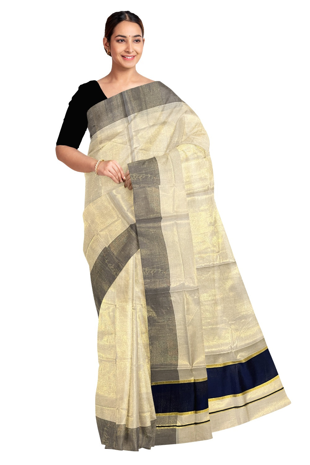 Kerala Kasavu Tissue Plain Saree with Navy Blue and Kasavu Border (Onam Saree 2023)