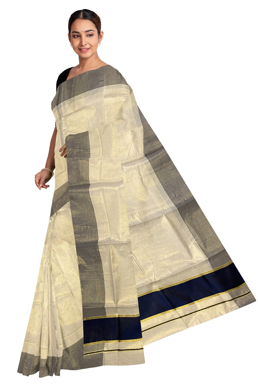 Kerala Kasavu Tissue Plain Saree with Navy Blue and Kasavu Border (Onam Saree 2023)