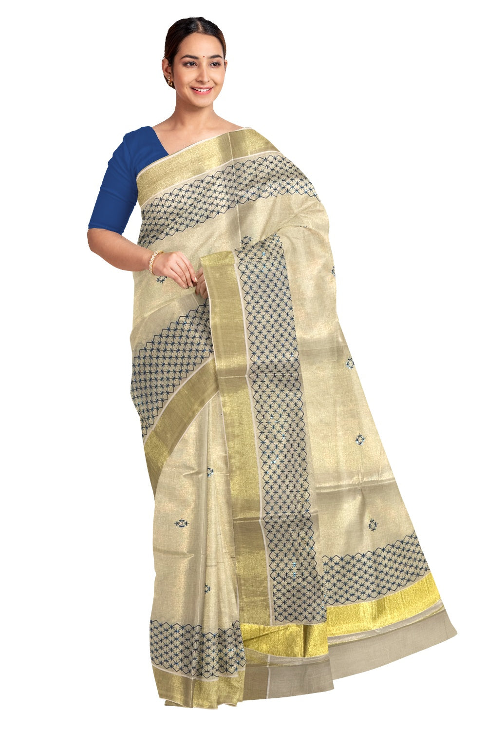 Kerala Tissue Kasavu Sequins Heavy Work Saree with Blue Thread Work Design