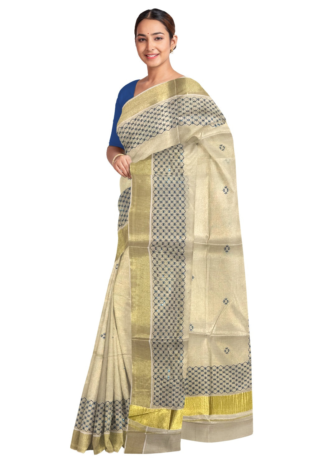 Kerala Tissue Kasavu Sequins Heavy Work Saree with Blue Thread Work Design