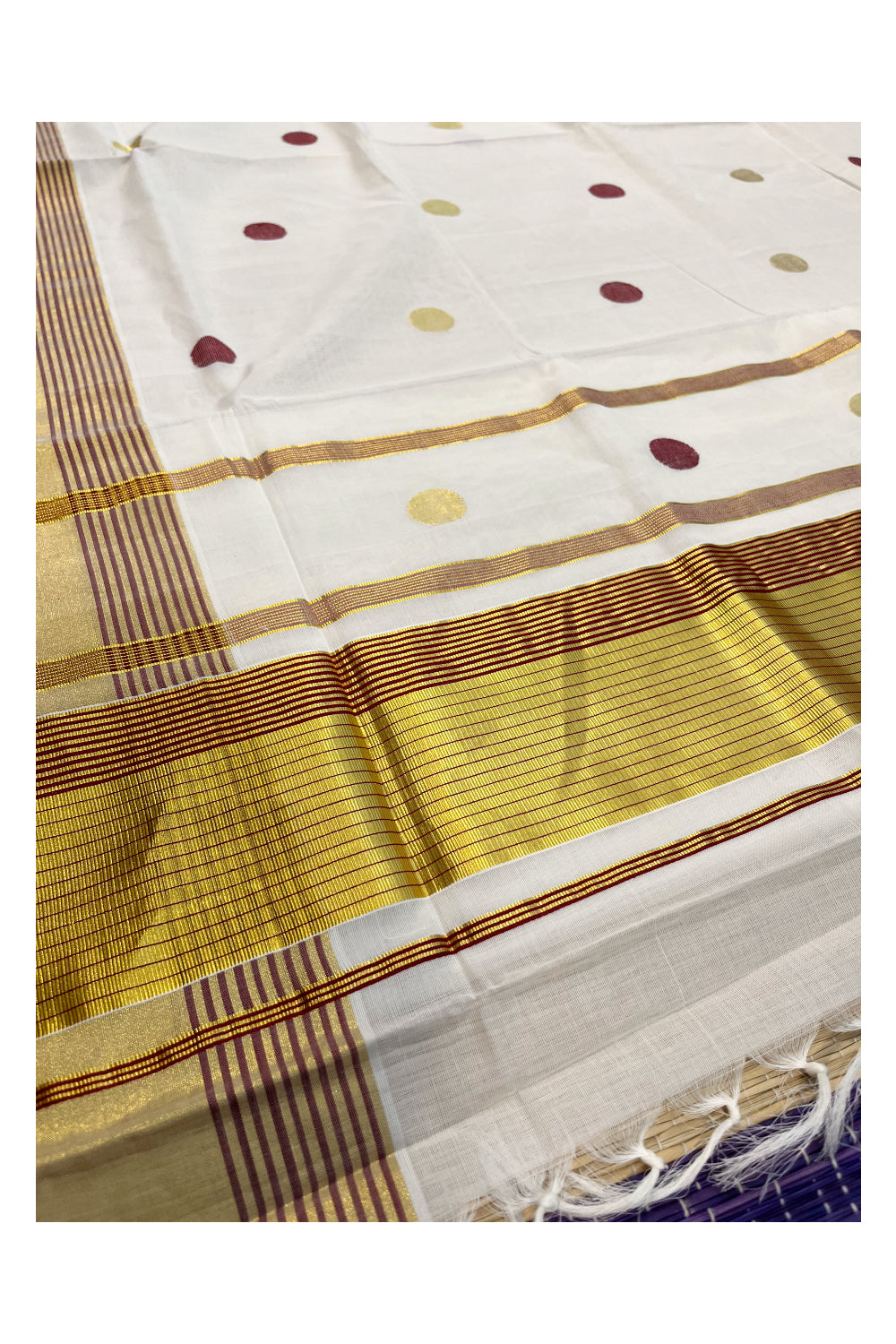 Southloom Premium Handloom Kasavu Saree with Maroon and Golden Polka Woven Designs Across Body