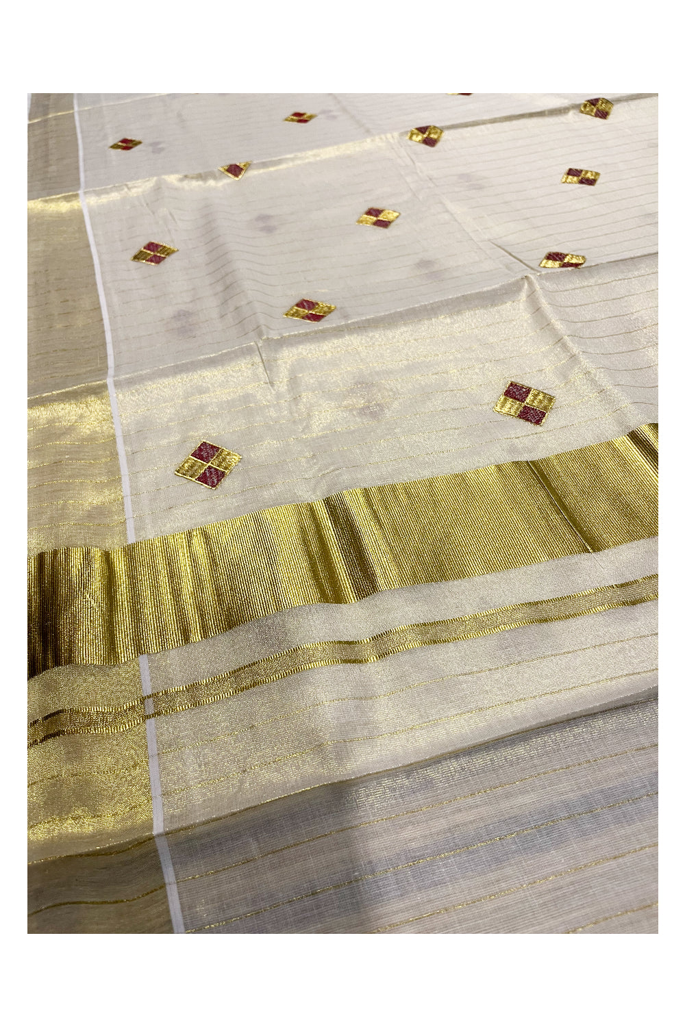 Kerala Tissue Kasavu Stripes Saree with Maroon Diagonal Floral Embroidery Design on Body