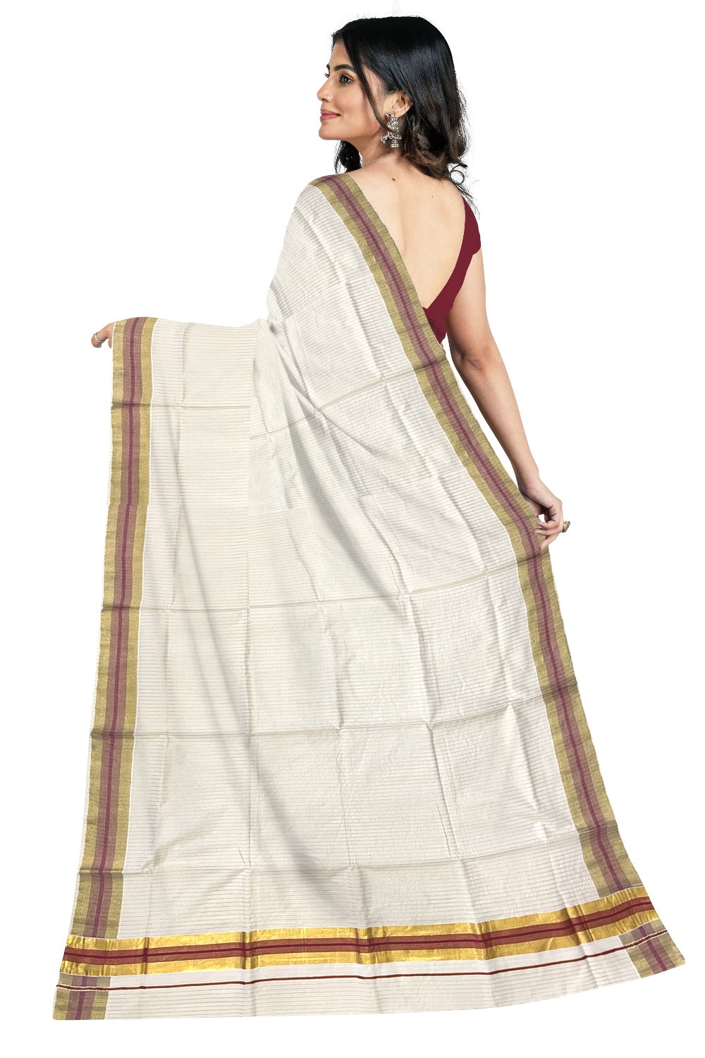 Pure Cotton Kerala Kasavu Lines Design Saree with Maroon Border and Tassels Work (Onam Saree 2023)