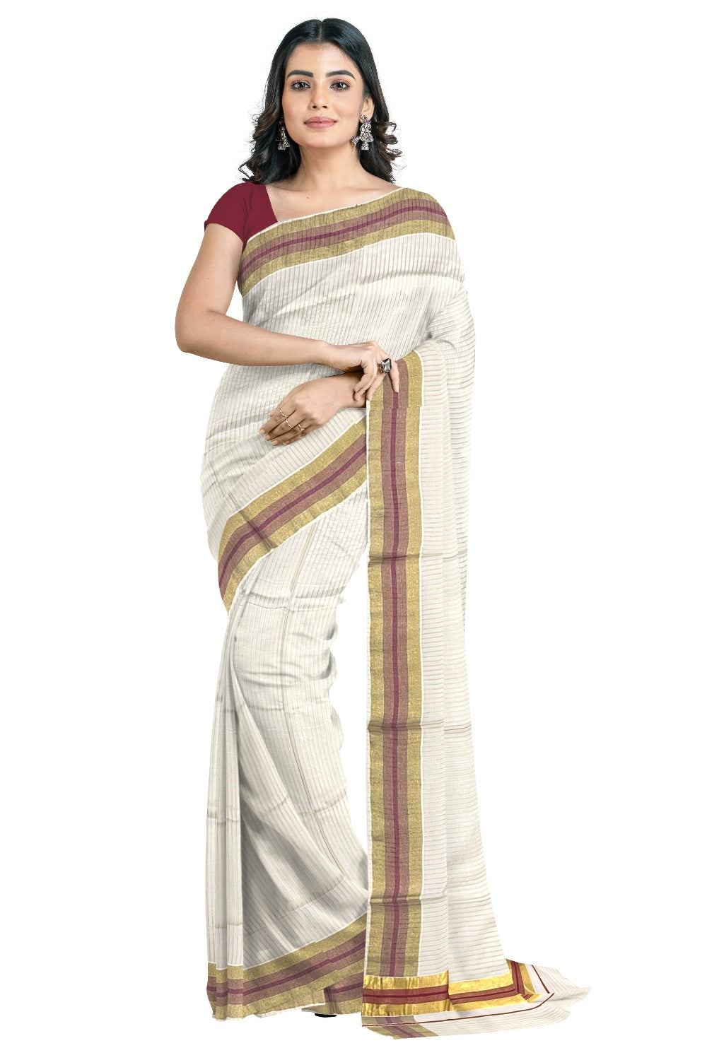 Pure Cotton Kerala Kasavu Lines Design Saree with Maroon Border and Tassels Work (Onam Saree 2023)