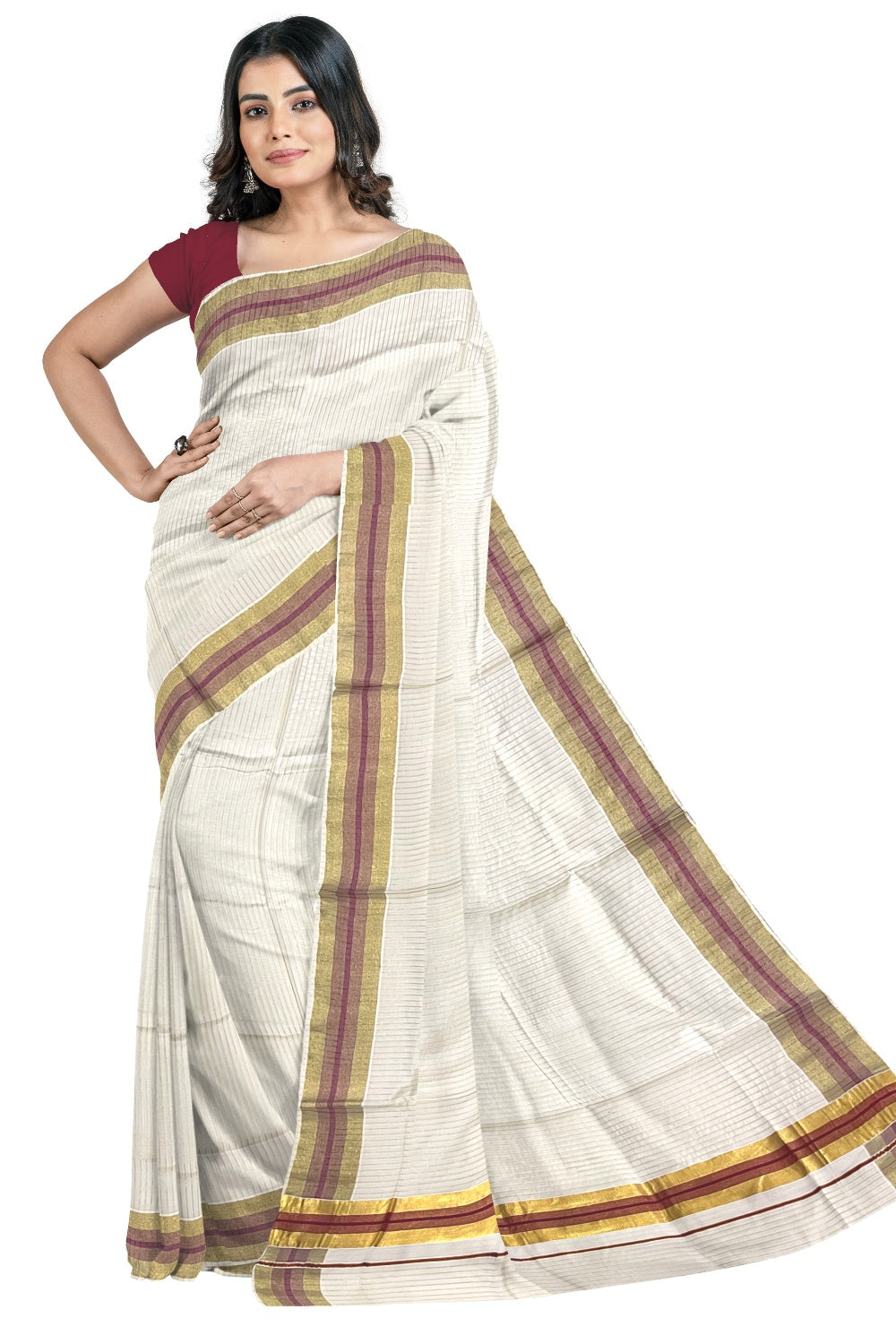 Pure Cotton Kerala Kasavu Lines Design Saree with Maroon Border and Tassels Work (Onam Saree 2023)