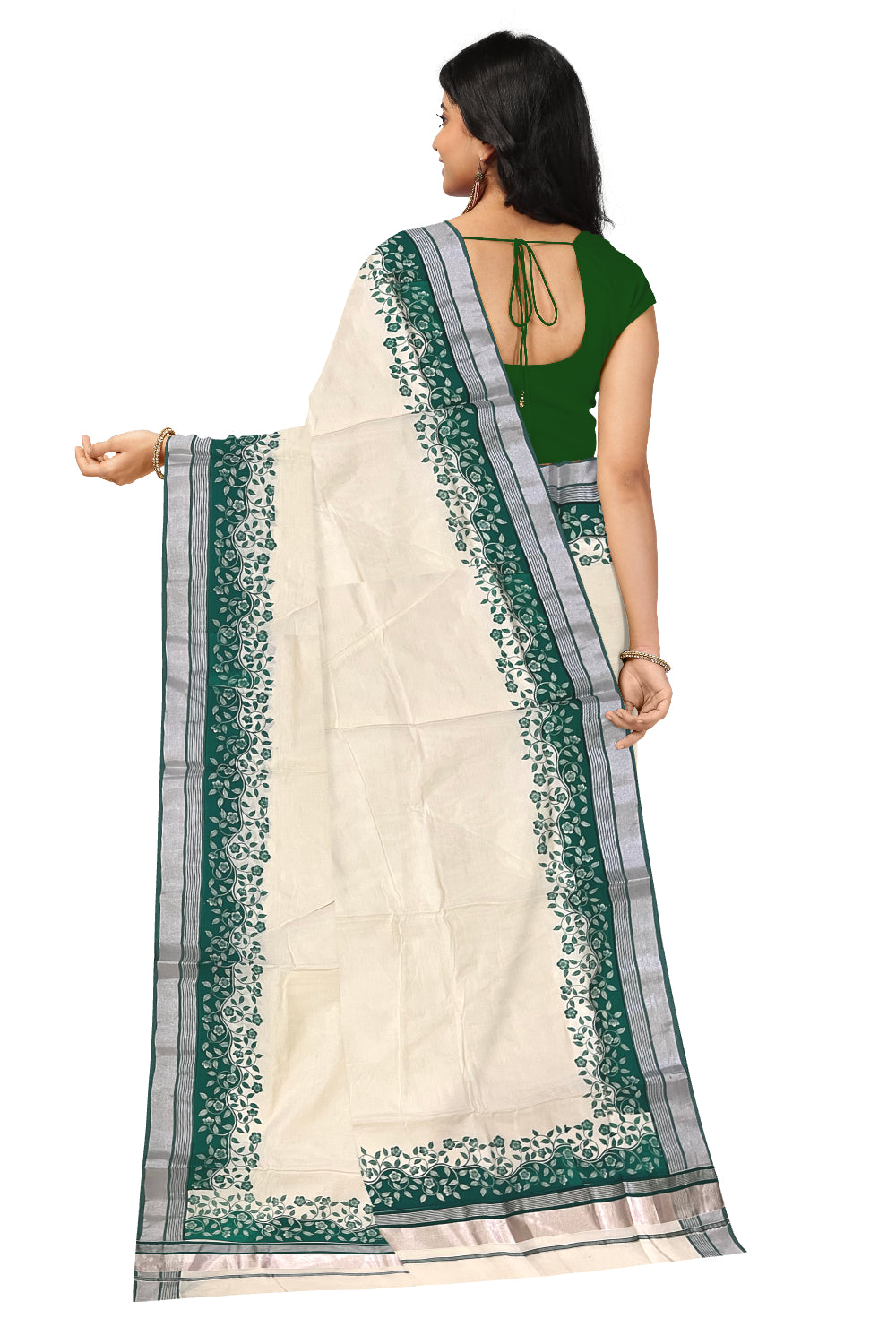 Kerala Cotton Saree with Green Floral Block Prints and Silver Kasavu Border (Onam Saree 2023)