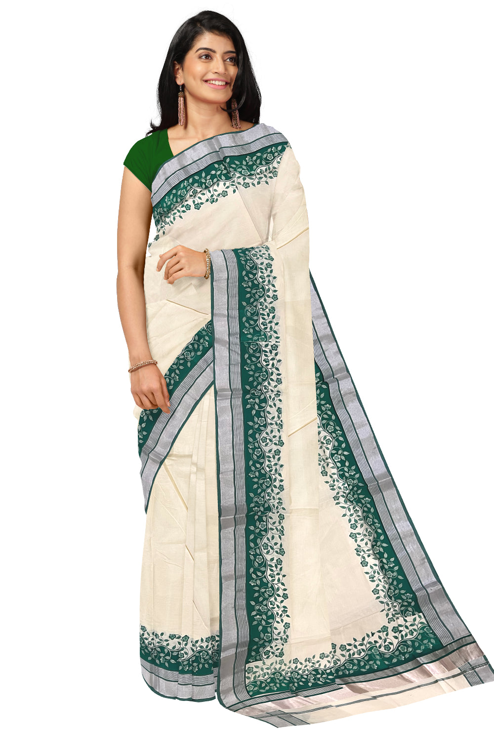 Kerala Cotton Saree with Green Floral Block Prints and Silver Kasavu Border (Onam Saree 2023)