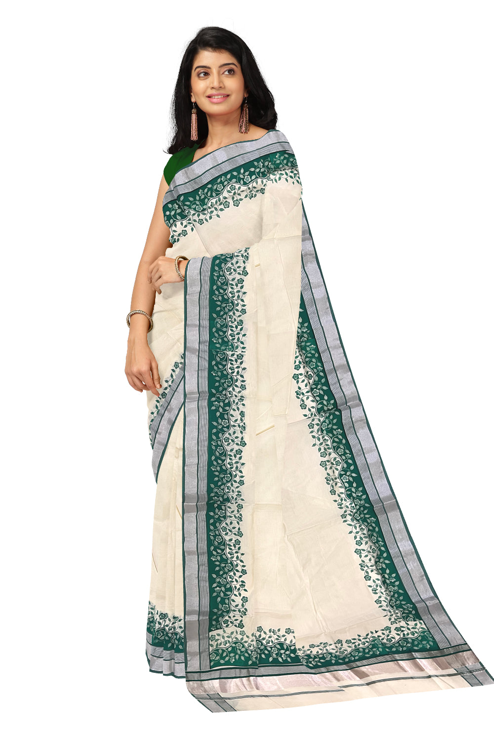 Kerala Cotton Saree with Green Floral Block Prints and Silver Kasavu Border (Onam Saree 2023)