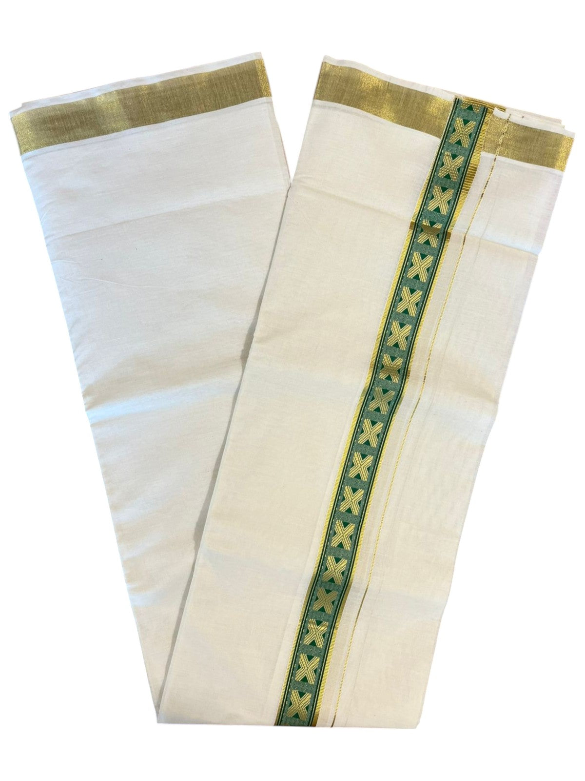 Southloom Kasavu Double Mundu with Green Prints Along Kasavu Kara