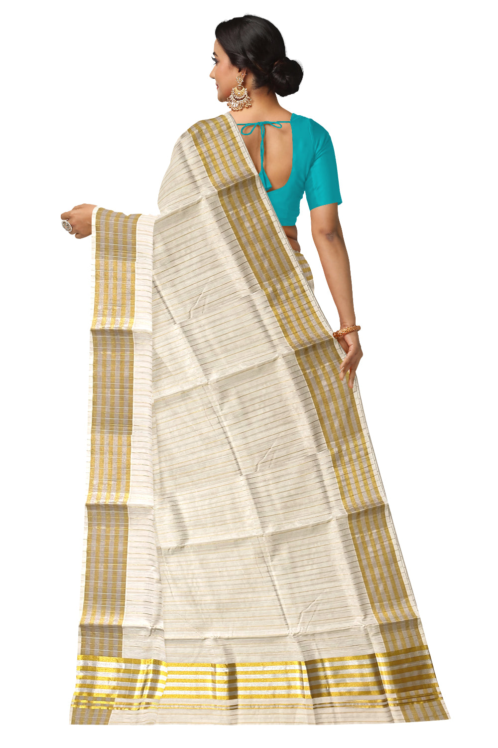 Southloom™ Premium Handloom Cotton Saree with Silver and Golden Kasavu Lines Designs Across Body