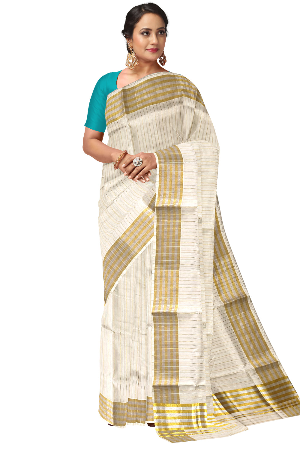 Southloom™ Premium Handloom Cotton Saree with Silver and Golden Kasavu Lines Designs Across Body