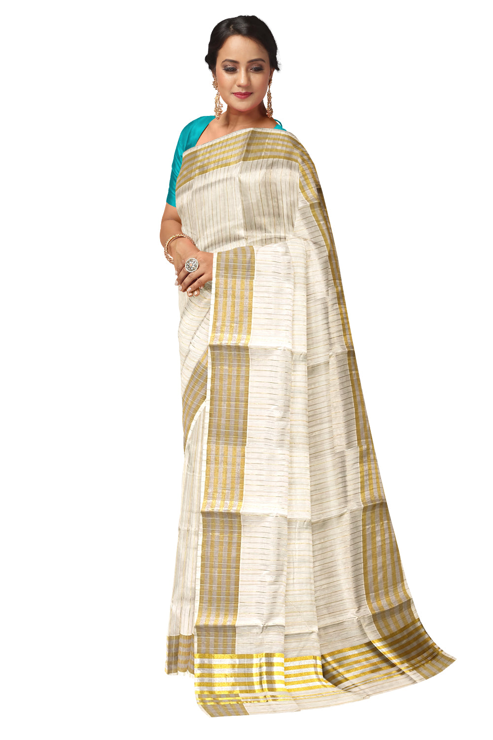 Southloom™ Premium Handloom Cotton Saree with Silver and Golden Kasavu Lines Designs Across Body