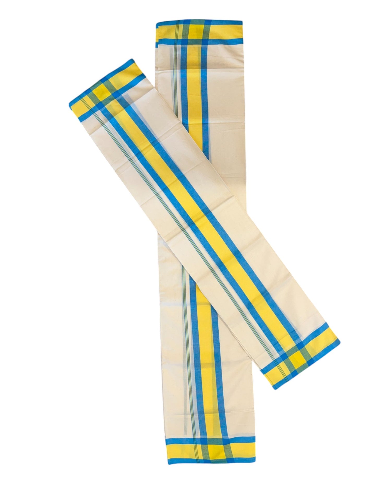 Pure Cotton Mundum Neriyathum Double (Set Mundu) with Blue And Yellow Border