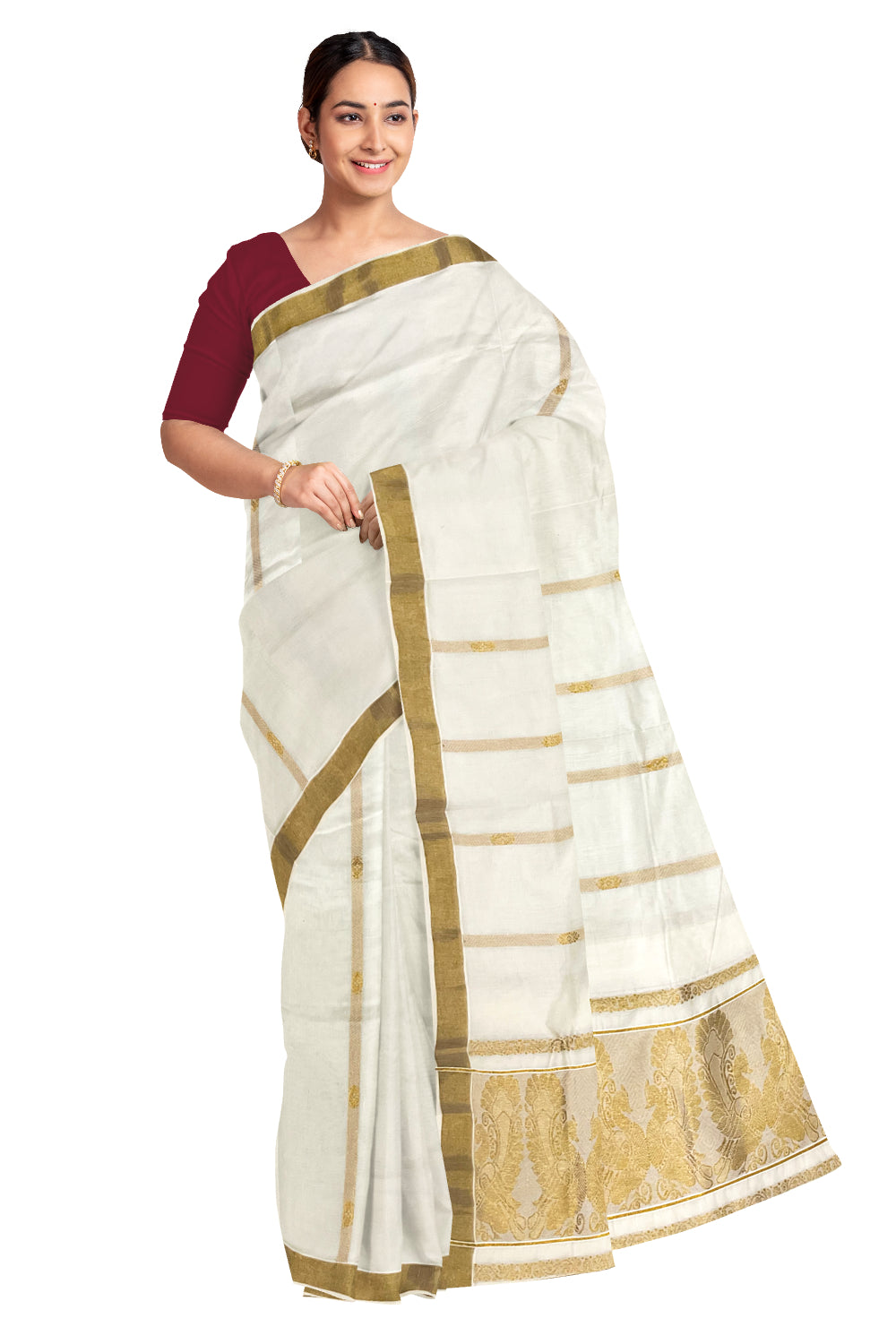 Kerala Pure Cotton Heavy Woven Work Kasavu Saree