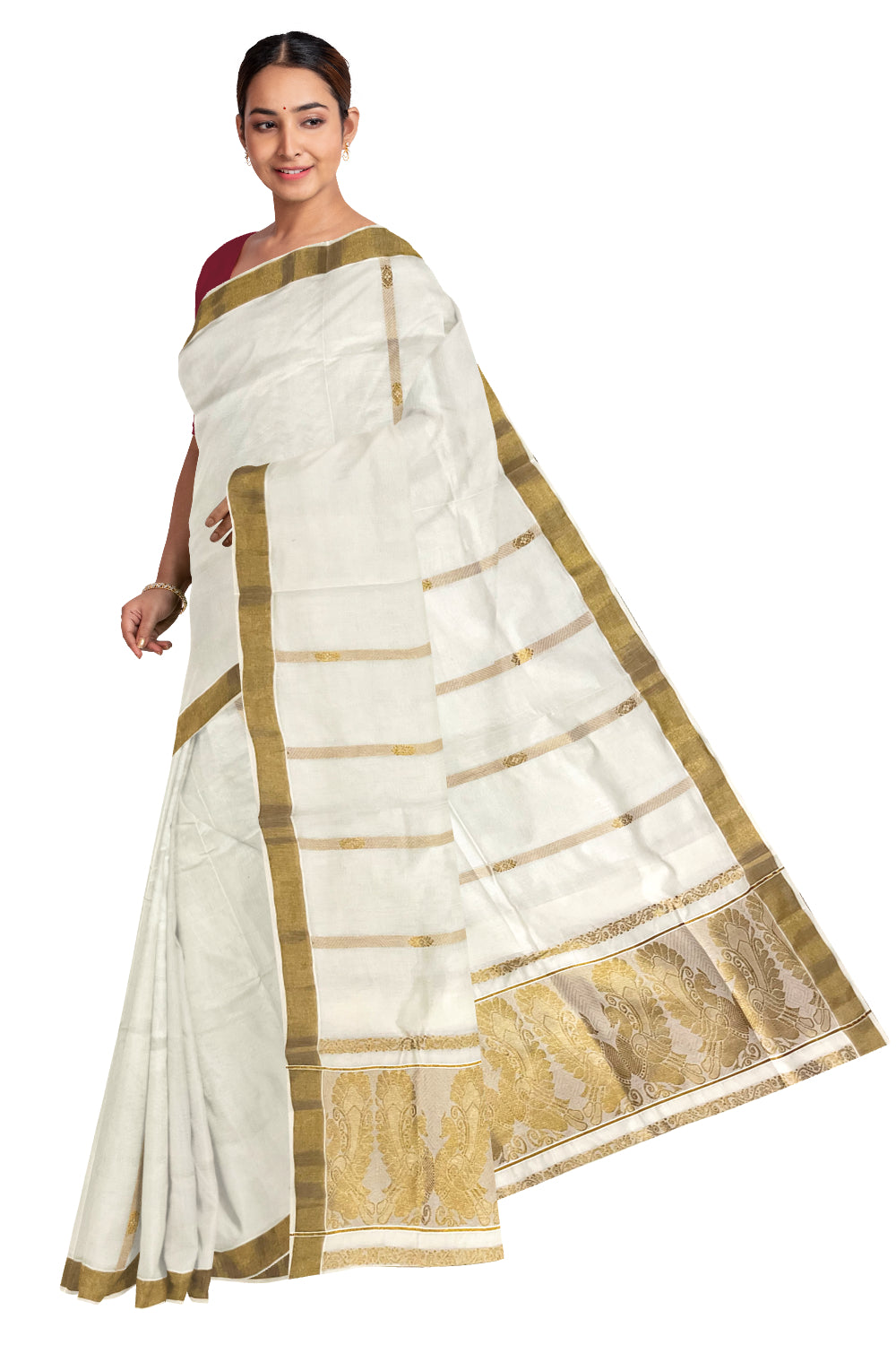 Kerala Pure Cotton Heavy Woven Work Kasavu Saree