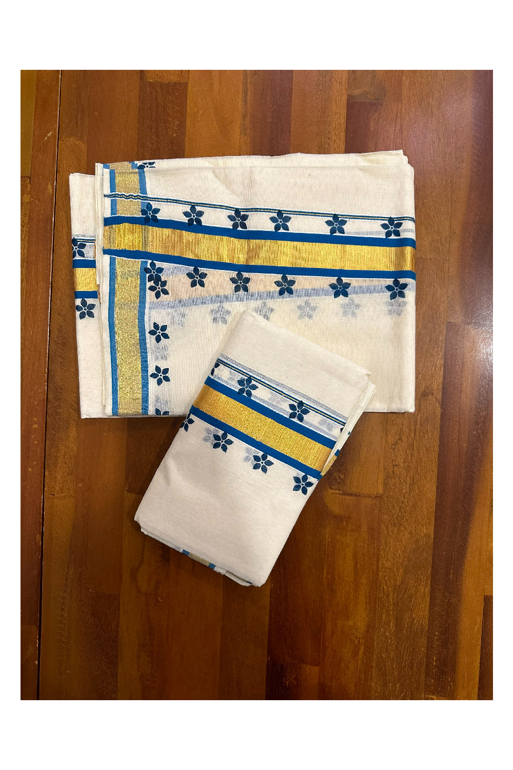 Kerala Cotton Kasavu Single Set Mundu (Mundum Neriyathum) with Blue Block Prints on Border 2.80 Mtrs