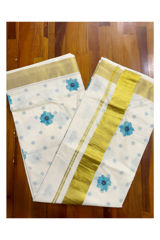 Southloom Exclusive Onam Kasavu Saree with Small Blue Floral High Quality Digital Print Across Body (Matching Printed Blouse Included)