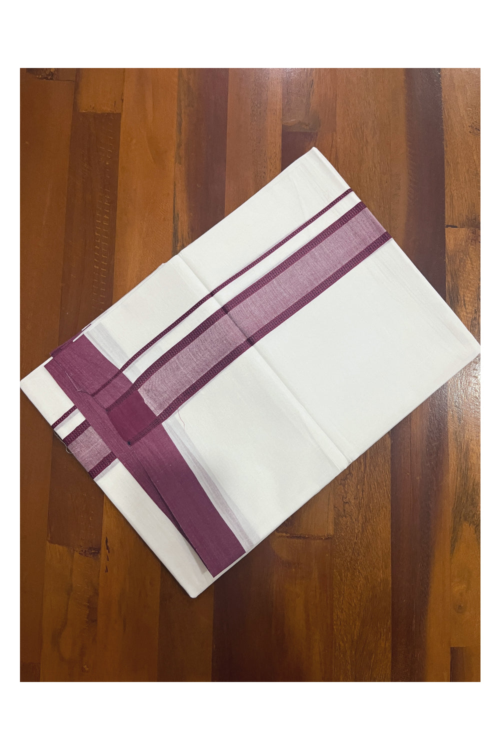 Pure White Cotton Double Mundu with Maroon Border (South Indian Kerala Dhoti)