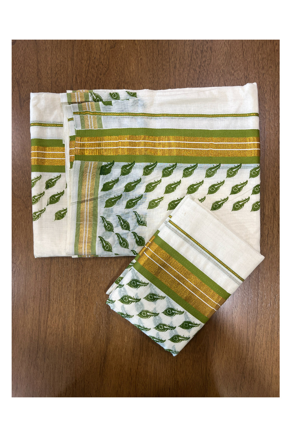 Cotton Single Set Mundu (Mundu Neriyathum) with Green Feather Block Prints and Kasavu Border