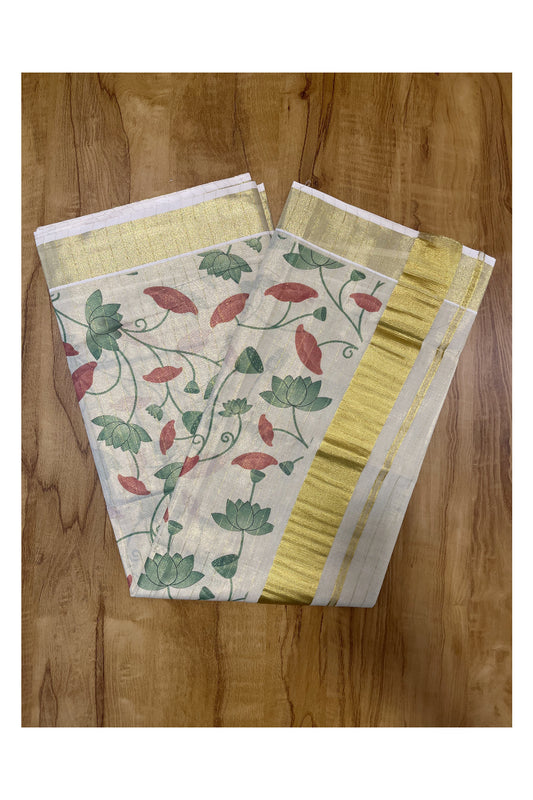 Kerala Tissue Kasavu Lines Saree with Green Floral Kalamkari Design