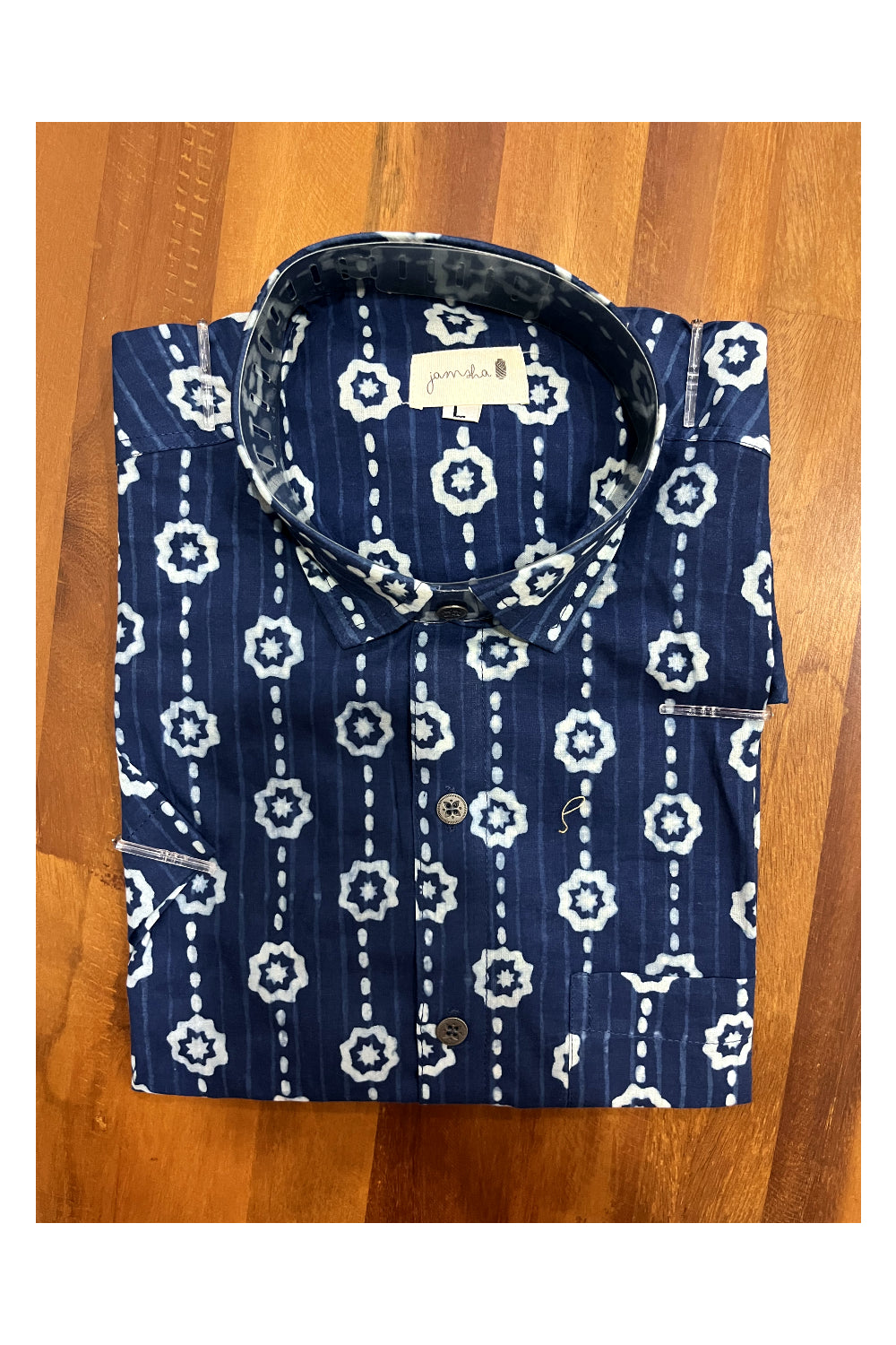 Southloom Jaipur Cotton Indigo Blue White Hand Block Printed Shirt (Half Sleeves)