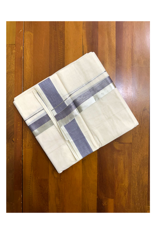 Kerala Pure Cotton Off White Double Mundu with Silver Kasavu And Blue Kara (South Indian Kerala Dhoti)