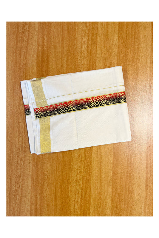 Southloom Pure Cotton Off White Double Mundu with Mural Printed Design Along Kasavu Kara