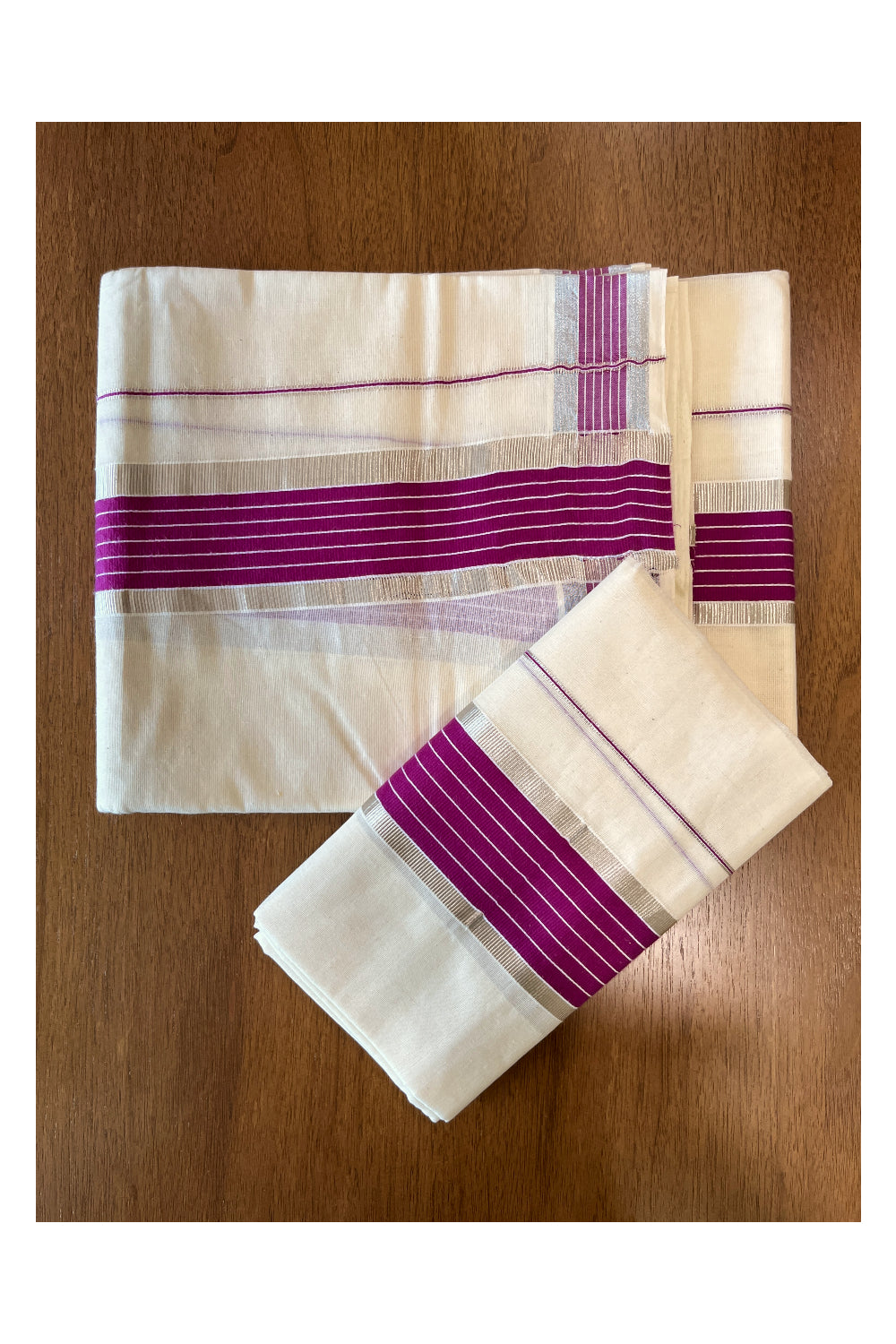 Cotton Mundum Neriyathum Double (Set Mundu) with Magenta and Silver Kasavu Border