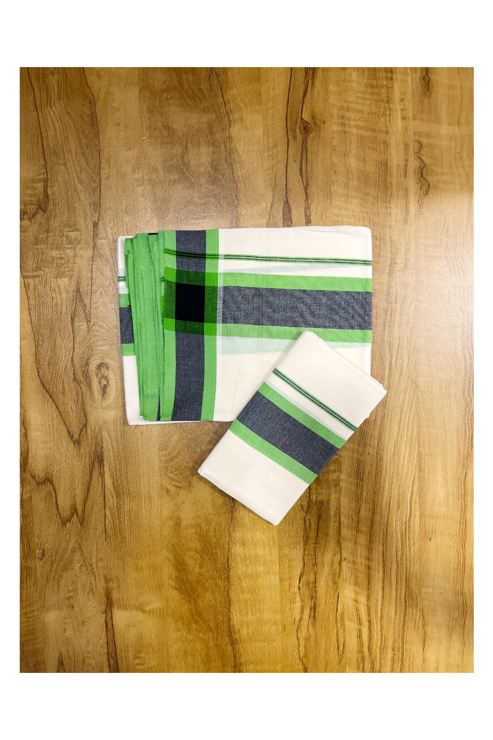 Pure Cotton Mundum Neriyathum Double (Set Mundu) with Green and Black Border