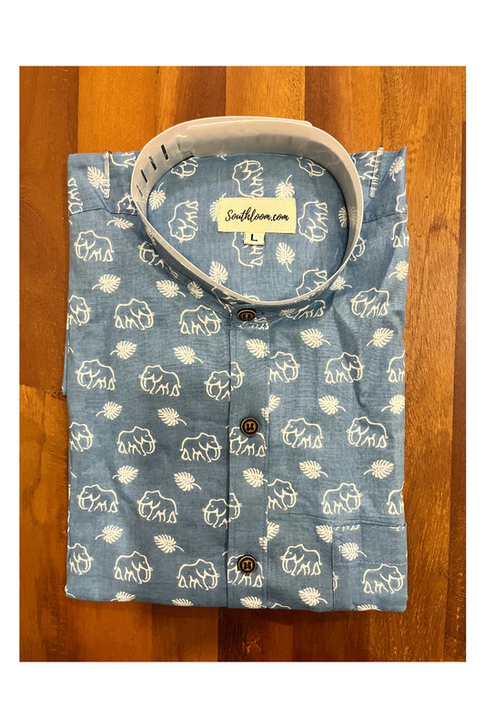 Southloom Jaipur Cotton Elephant Hand Block Printed Mandarin Collar Light Blue Shirt (Full Sleeves)