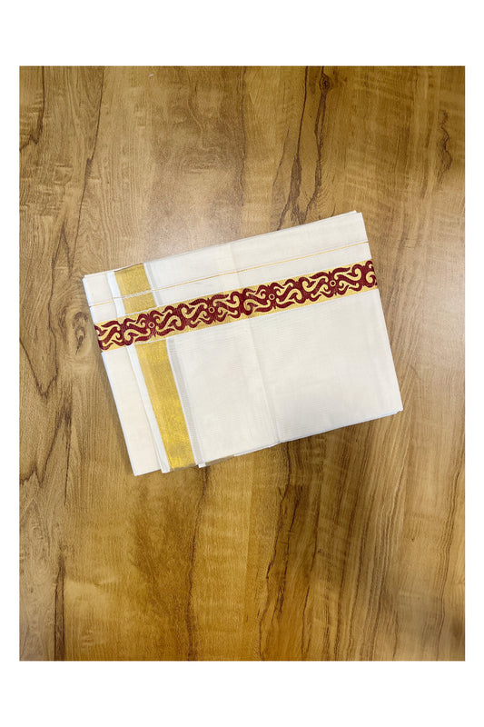 Southloom Kasavu Double Mundu with Maroon Tribal / Retro Design Print on Kasavu Kara