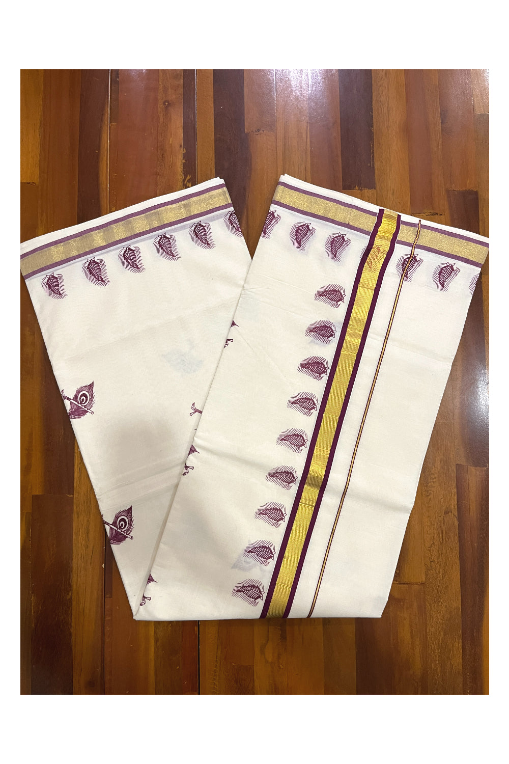 Pure Cotton Kerala Kasavu Saree with Purple Feather Block Printed Design