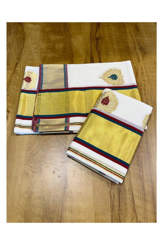 Southloom Handloom Premium Cotton Kasavu Set Mundu Aalila Woven Designs With Green And Maroon Border (Mundum Neriyathum) 2.80 Mtrs