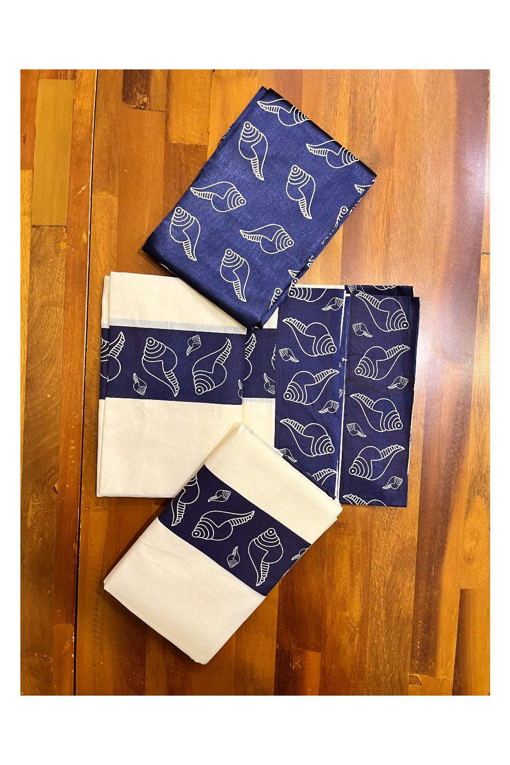 Kerala Cotton Dark Blue Shell Prints Set Mundu (Mundum Neriyathum) with Seperate Blouse Piece