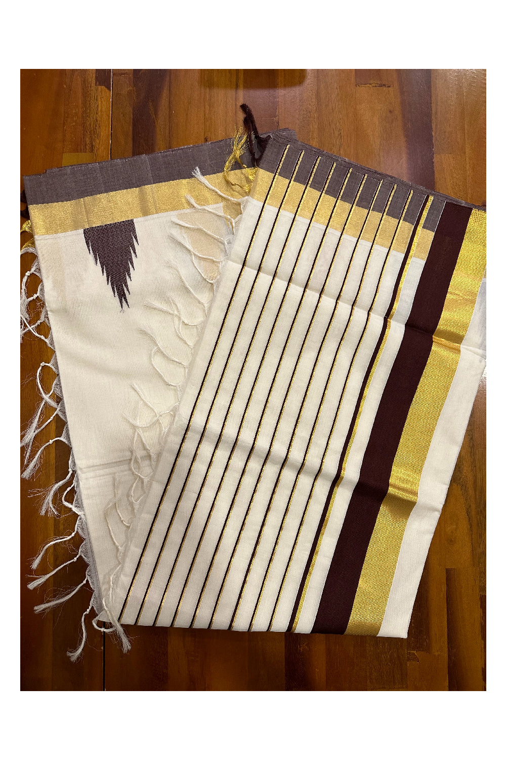 Southloom Premium Handloom Cotton Kerala Saree with Kasavu and Brown Temple Works (Onam Saree 2023)