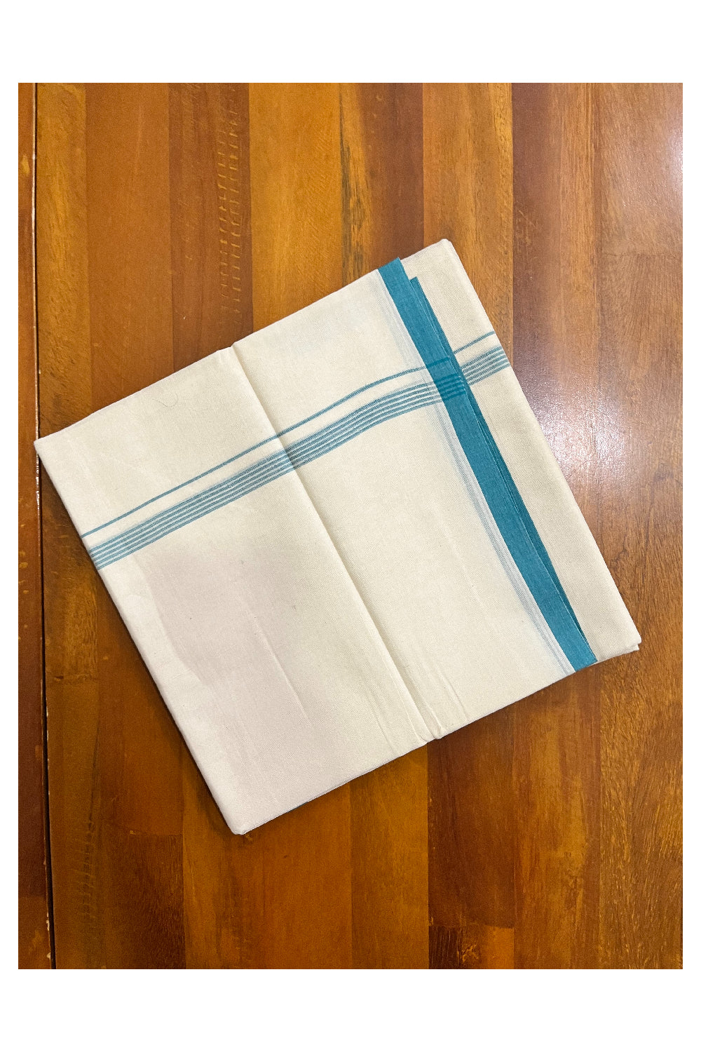 Pure Cotton Off White Double Mundu with Blue Border (South Indian Kerala Dhoti)
