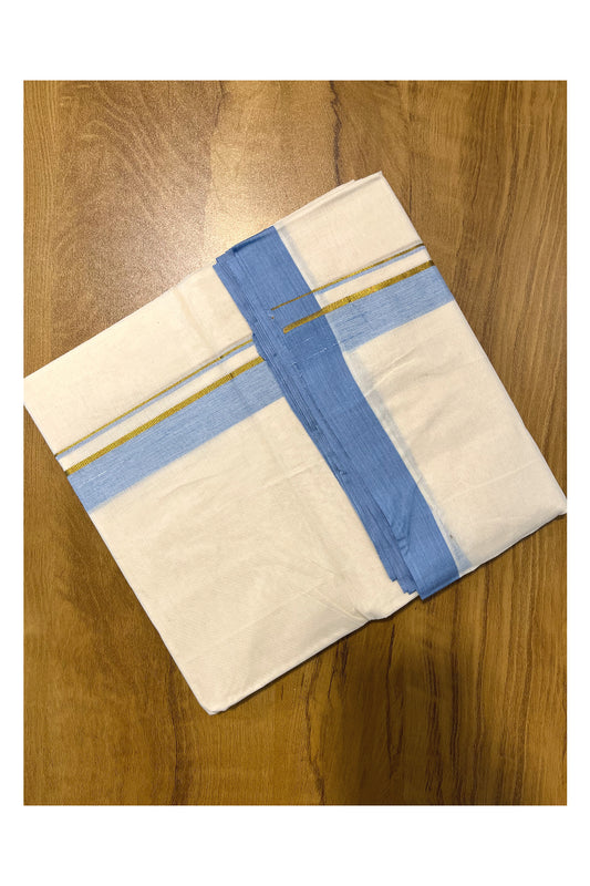 Pure Cotton Off White Kerala Double Mundu with Light Blue and Kasavu Border (South Indian Dhoti)