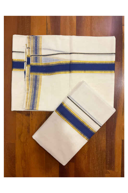 Pure Cotton Kerala Single Set Mundu (Mundum Neriyathum) with Blue and Kasavu Border 2.80 Mtrs SLKK SL470