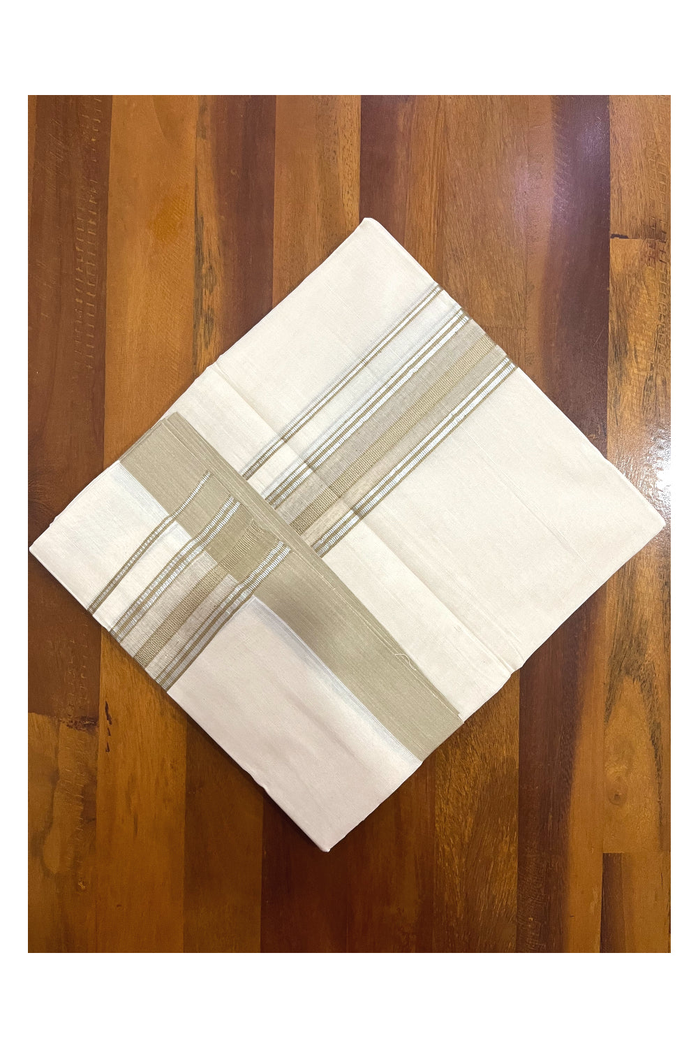 Pure Cotton 100x100 Double Mundu with Silver Kasavu and Light Brown Kara (Onam Mundu 2023)