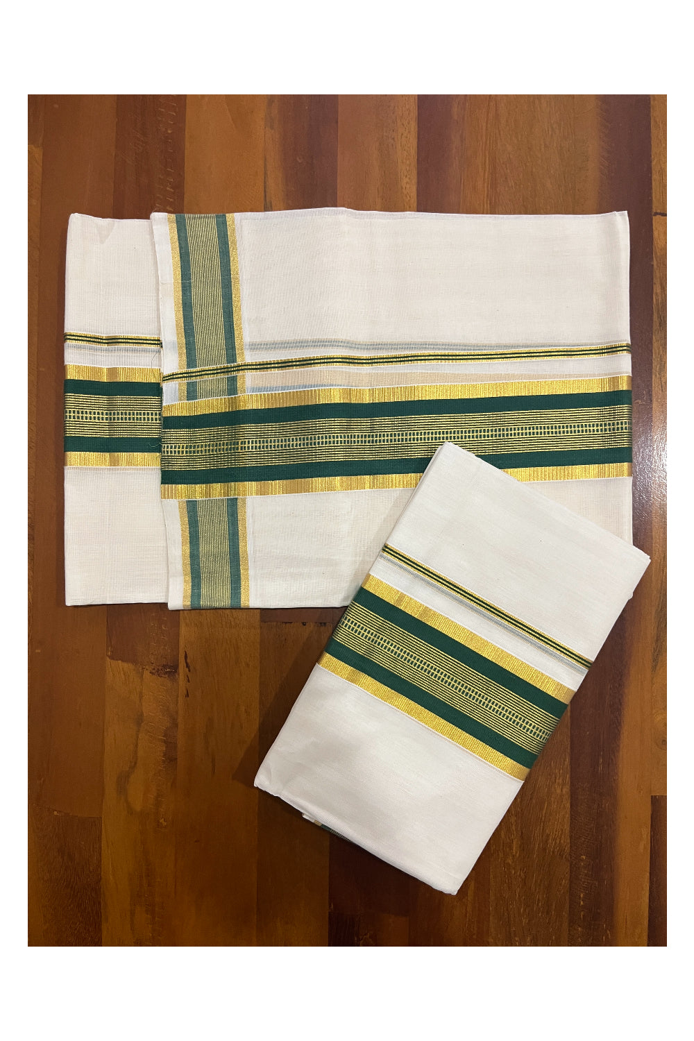 Southloom Premium Handloom Set Mundu with Kasavu and Green Border 2.80 Mtrs