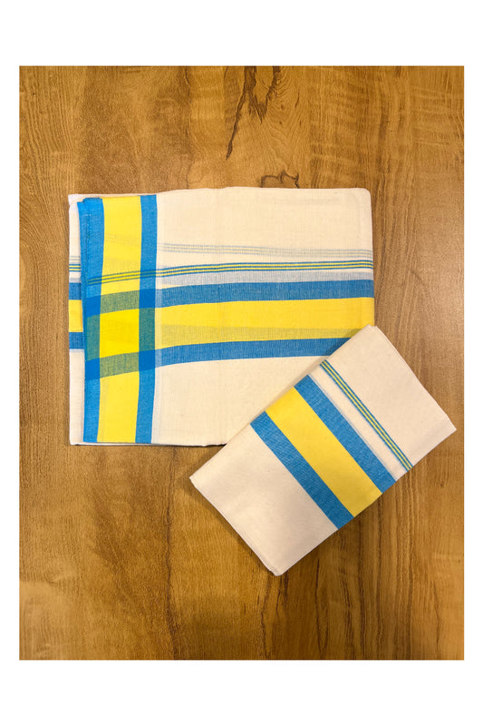 Pure Cotton Mundum Neriyathum Double (Set Mundu) with Blue And Yellow Border