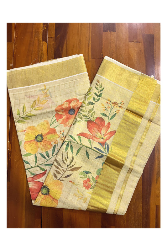 Kerala Tissue Kasavu Check Design Saree with Yellow And Pink Floral Prints on Body (Vishu 2024 Collection)
