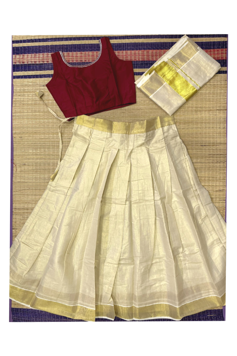 Stitched Dhavani Set with Tissue Pavada and Maroon Readymade Blouse