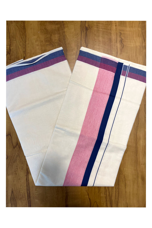 Pure Cotton Off White Kerala Saree with Dark Blue Pink Shaded Border