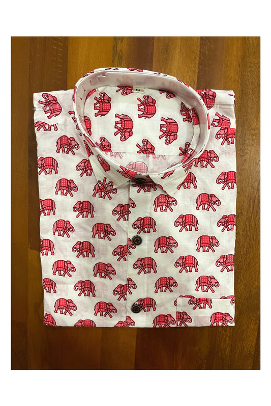 Southloom Jaipur Cotton Pink Elephant Hand Block Printed White Shirt (Full Sleeves)