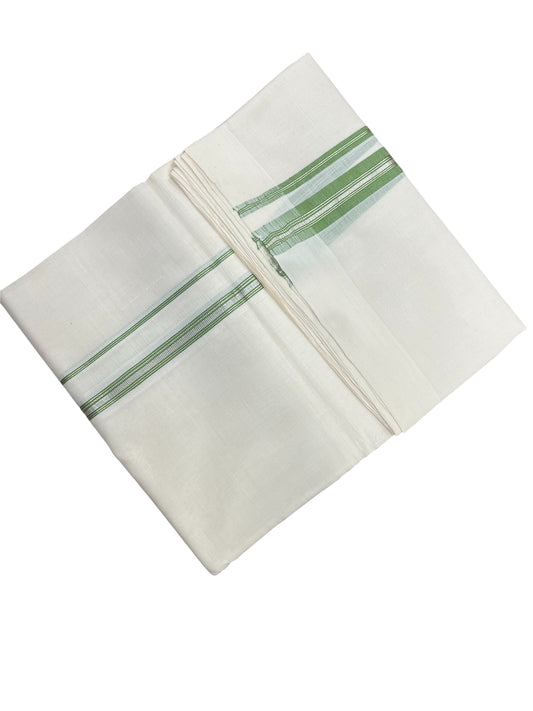 Southloom Premium Handloom Cotton Double Mundu with Green And Silver Line Border