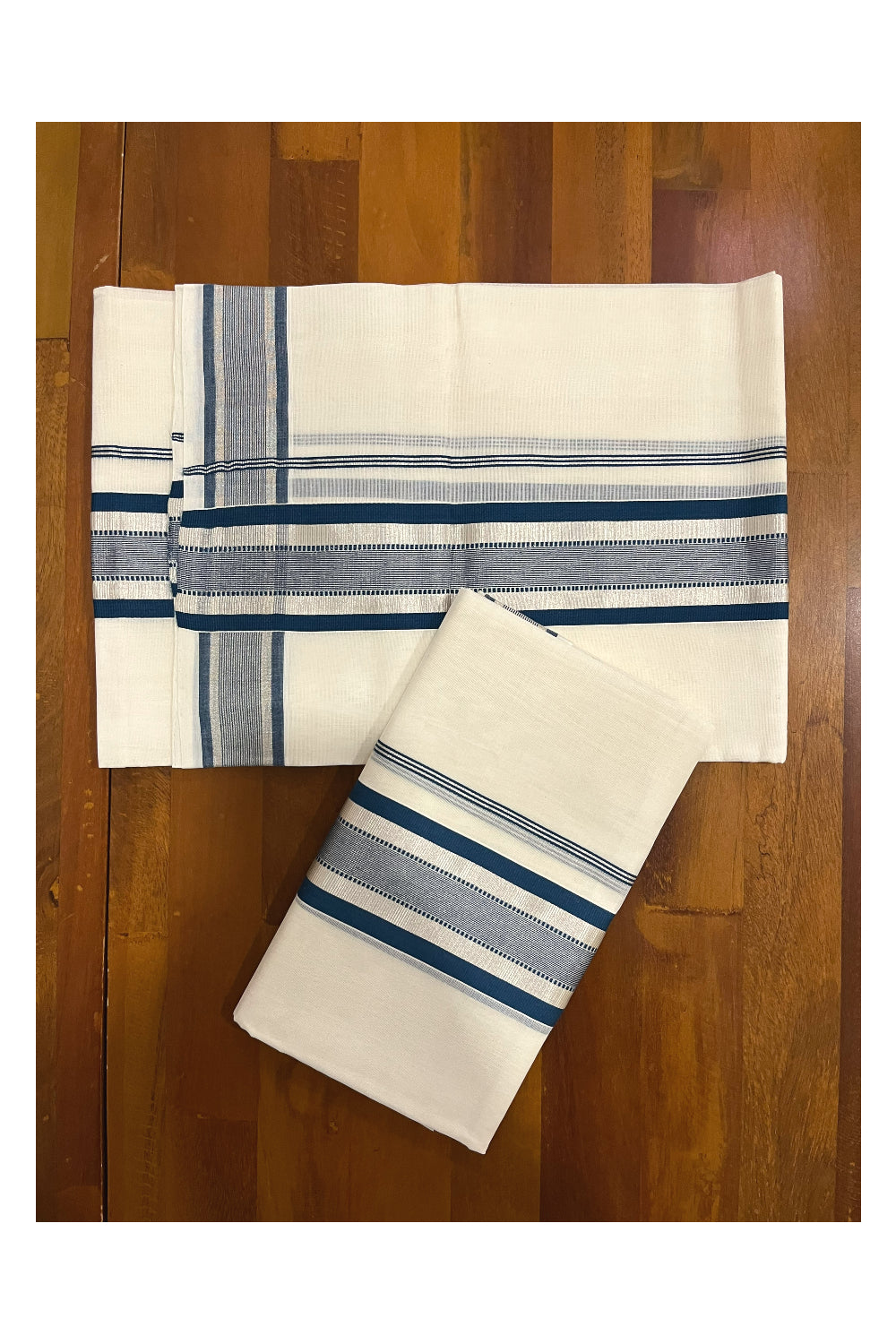 Pure Cotton Handloom Premium Kasavu Set Mundu (Mundum Neriyathum) with Blue and Silver Kasavu Border (Onam Set Mundu 2023)