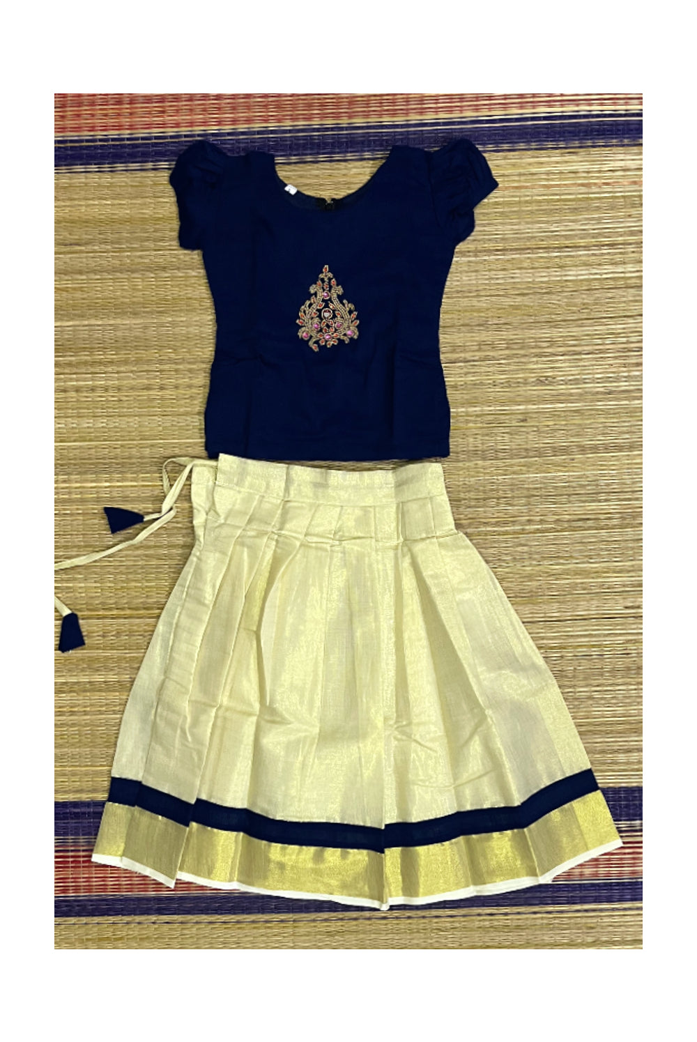 Southloom Kerala Pavada Blouse with Blue Bead Work Design (Age - 4 Year)