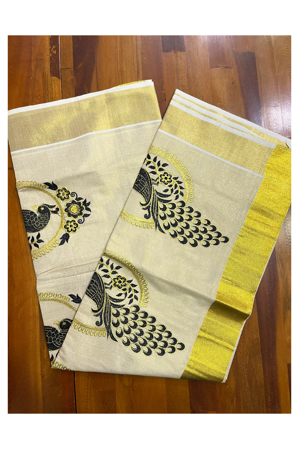 Kerala Tissue Black and Golden Peacock Embroidery Work Kasavu Saree (Vishu 2024 Collection)