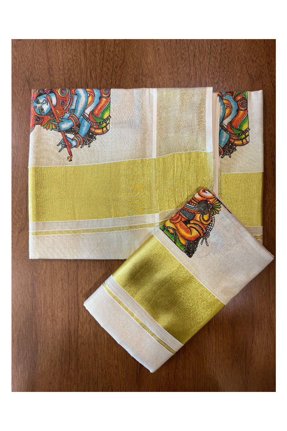 Kerala Tissue Kasavu Set Mundu (Mundum Neriyathum) with Krishna Radha Mural Printed Design